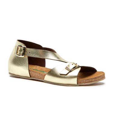 Lorah - Genuine Leather Flat Sandals For Women / Gold Printed Leather